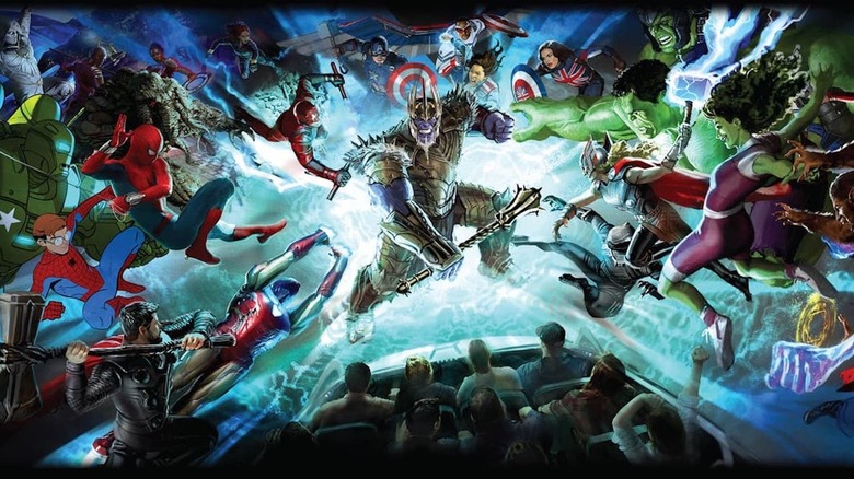 Marvel Heroes from across the multiverse attack King Thanos in concept art for the new Avengers Campus ride