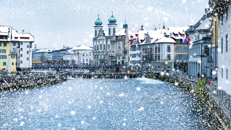 Winter snowfall in Lucerne, Switzerland