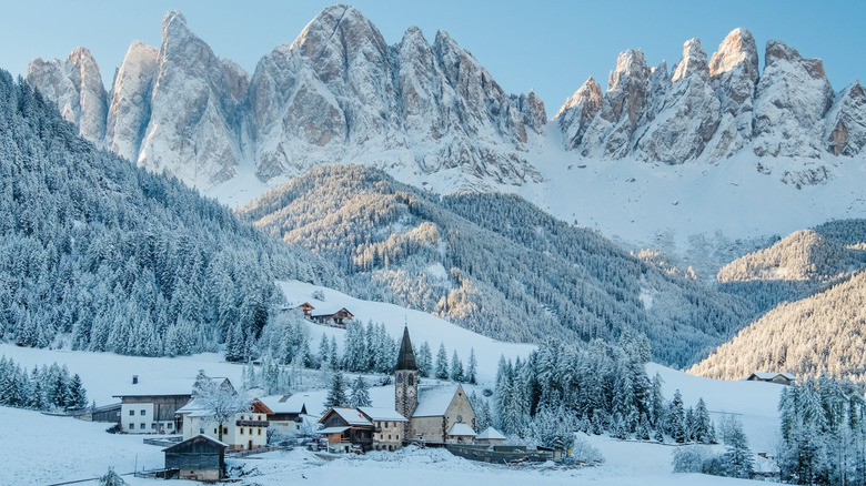 italian village with snowy background