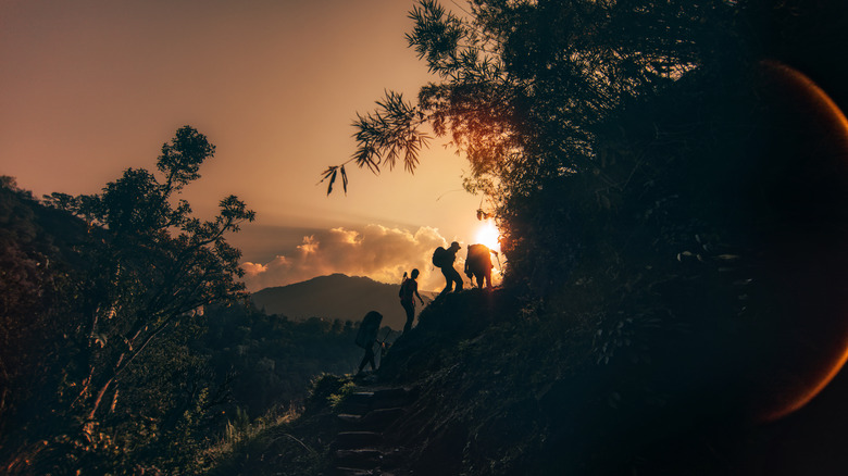 Group of hikers climbing up hill at sunset