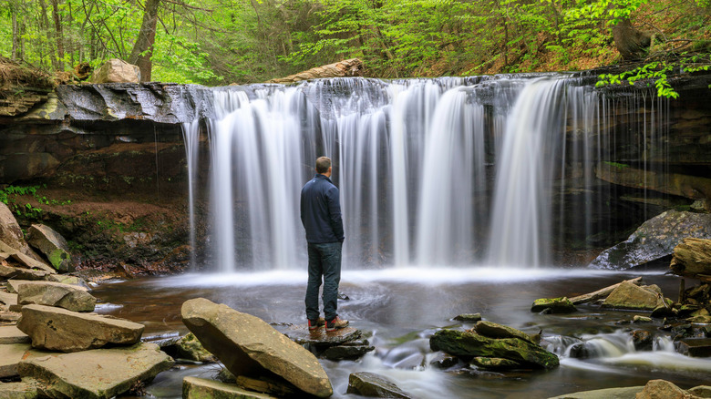 Man observing Ricketts Glen waterfall